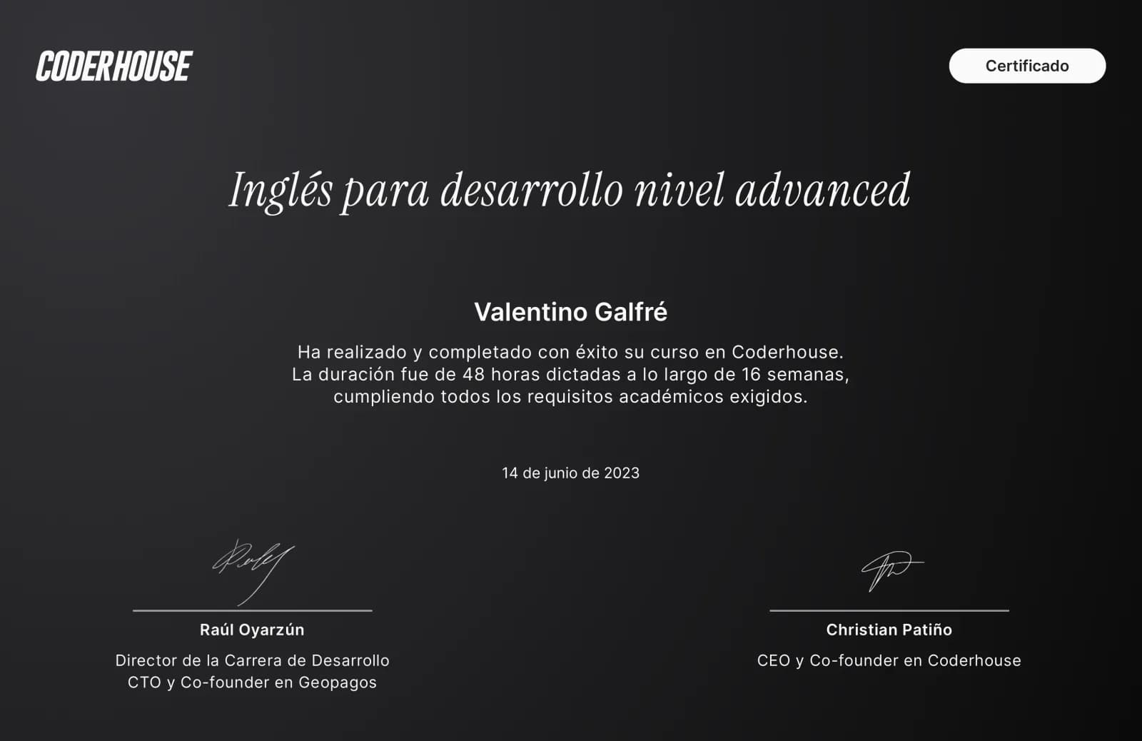 English for developers, advanced level certificate from Coderhouse