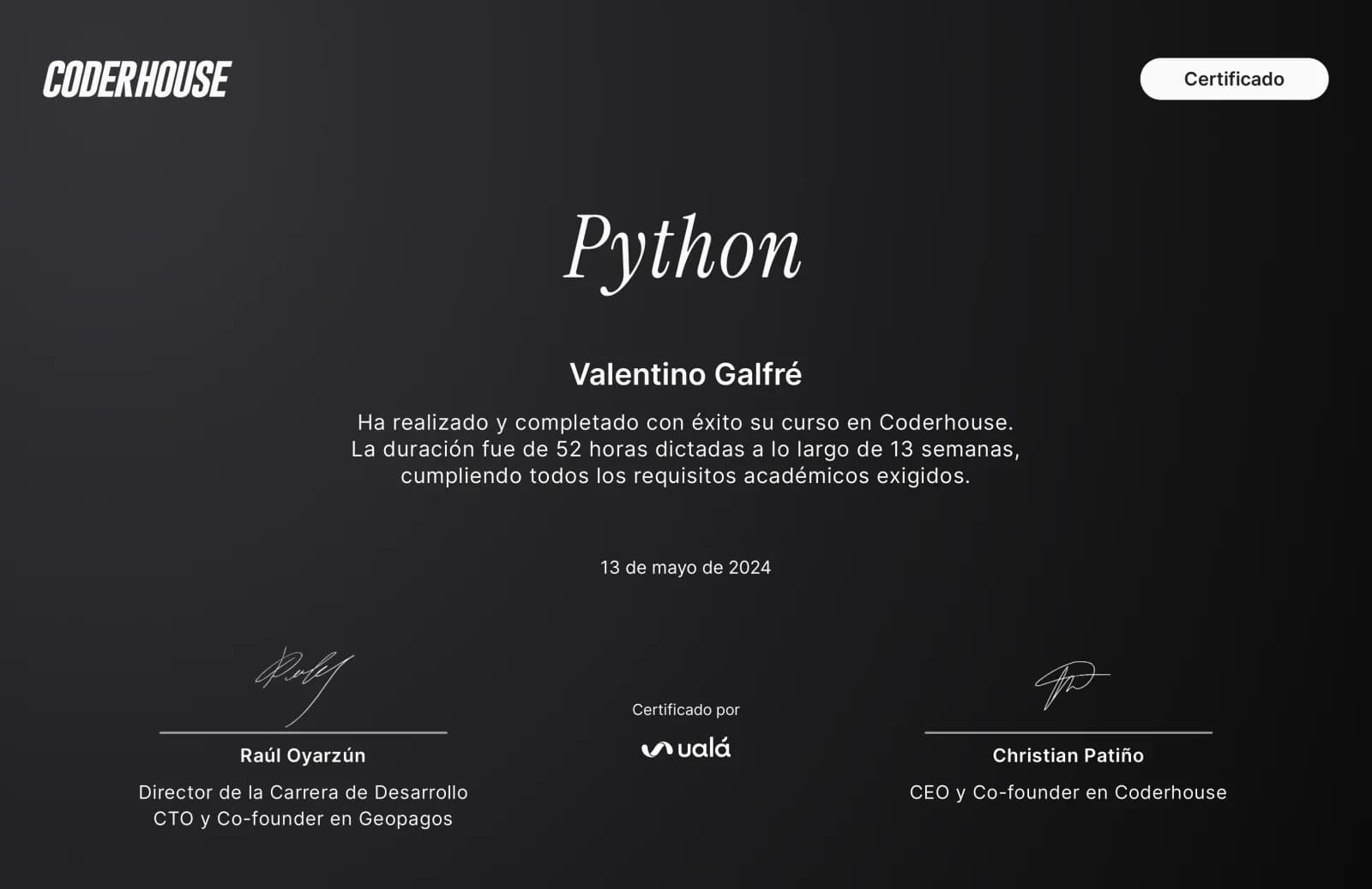Python certificate from Coderhouse